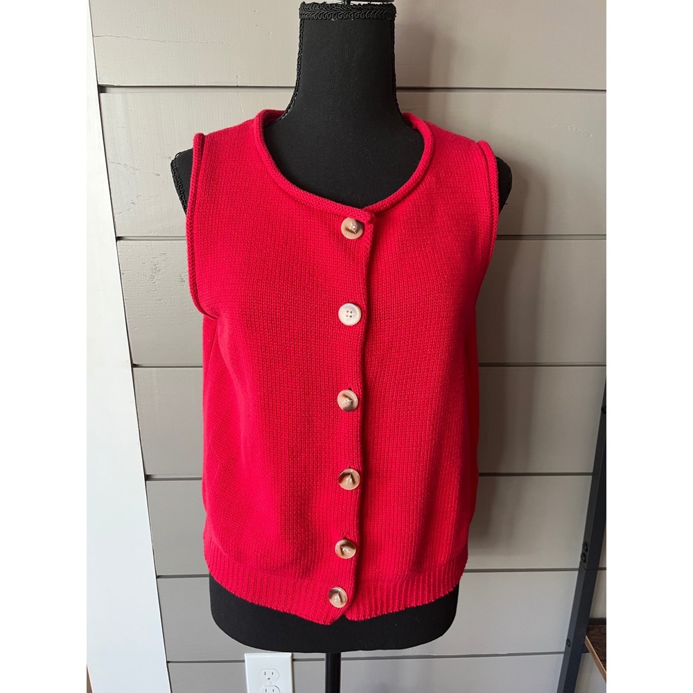 Magaschoni Red Button Front Knit Vest Lightweight Cotton L 90s vintage style